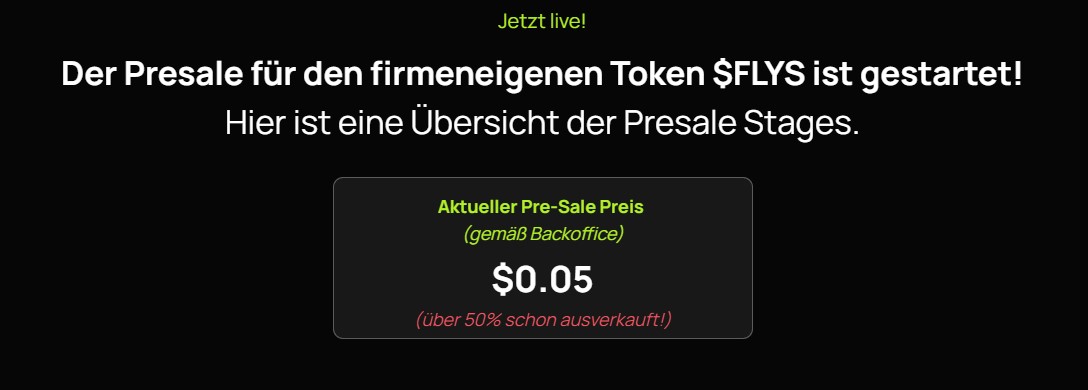 Registriere dich jetzt für den Presale und kaufe $FLYS so günstig, wie sie nie wieder sein werden!